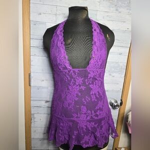 Y2K Victoria's Secret Purple Lace Mesh Lingerie Halter Top Sz M